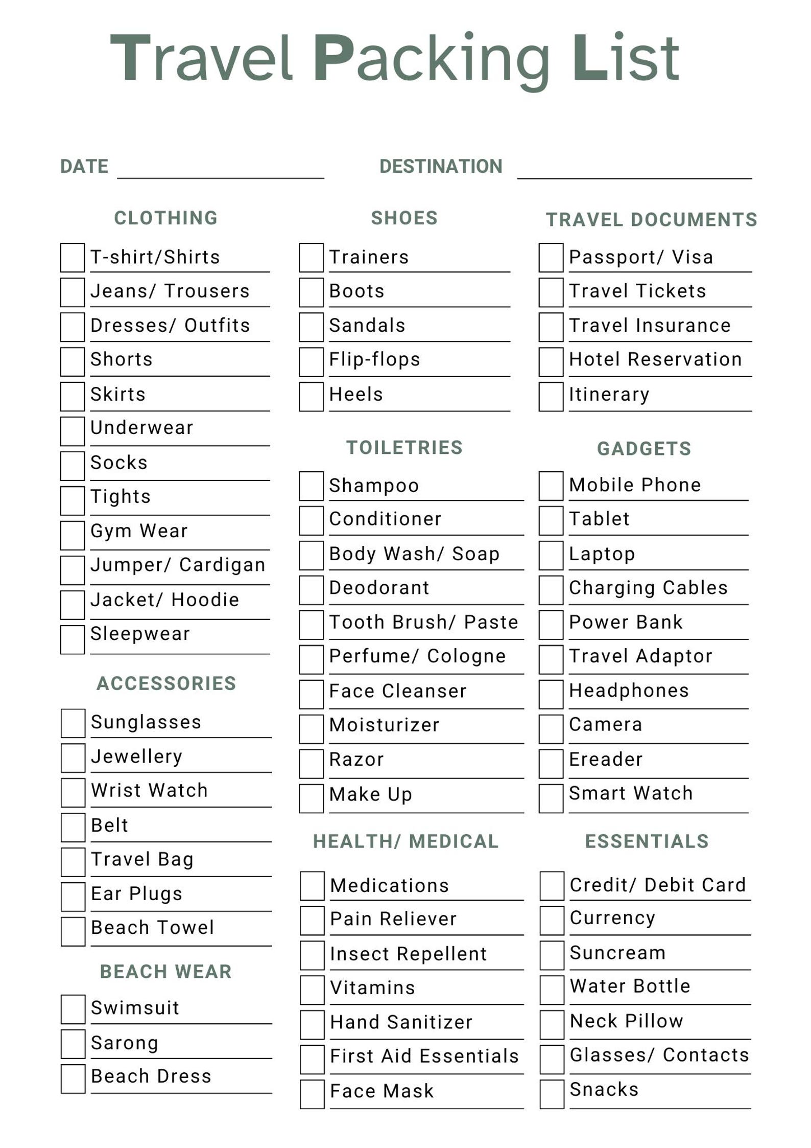 Printable Travel Packing List & Editable Vacation Checklist | Travel ...