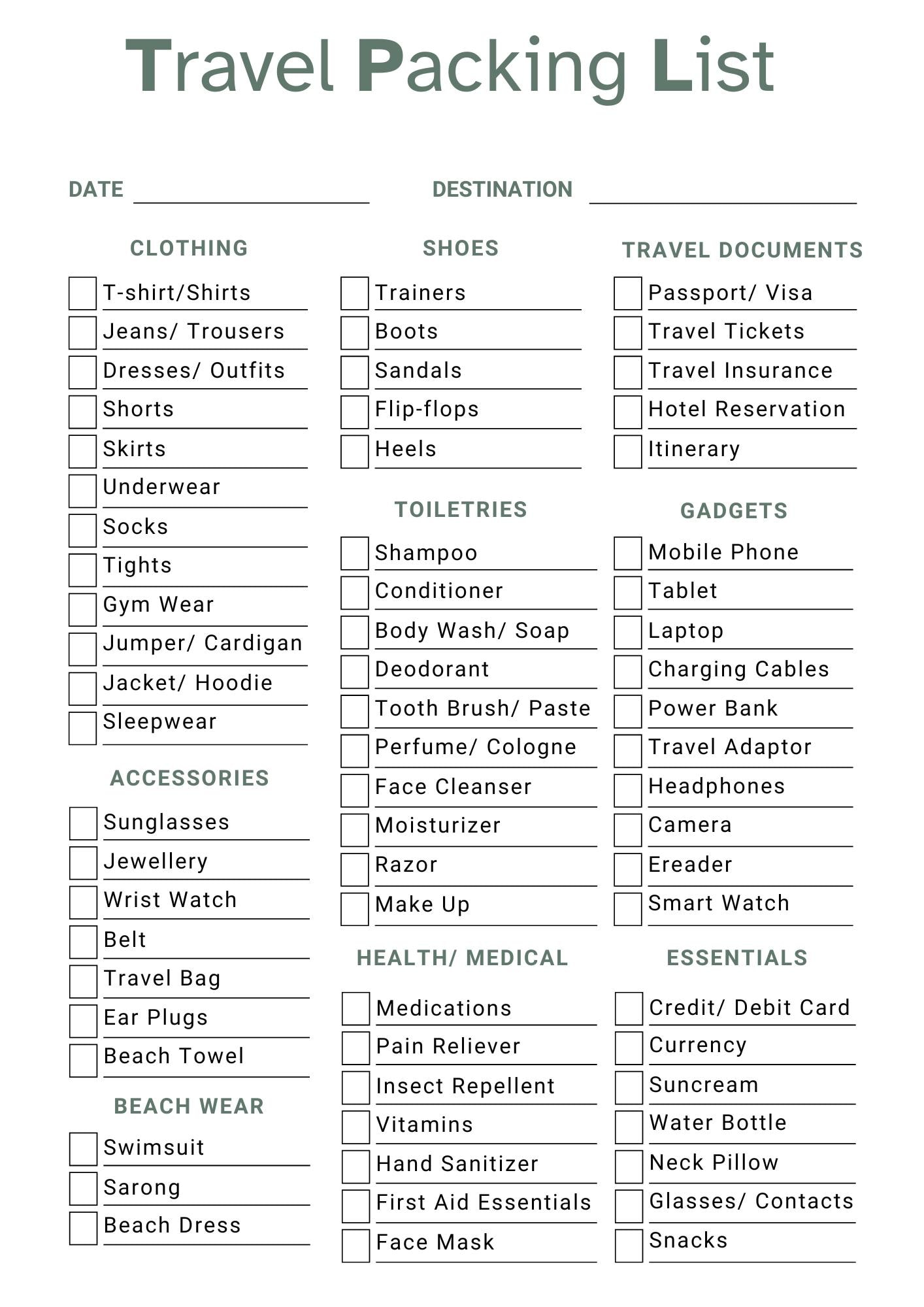 Printable Travel Packing List & Editable Vacation Checklist | Travel ...