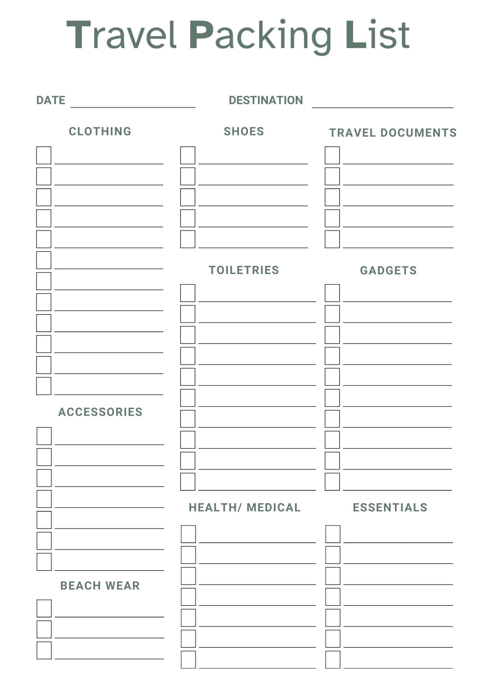 Printable Travel Packing List & Editable Vacation Checklist | Travel ...
