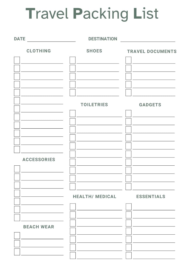 Printable Travel Packing List & Editable Vacation Checklist | Travel ...