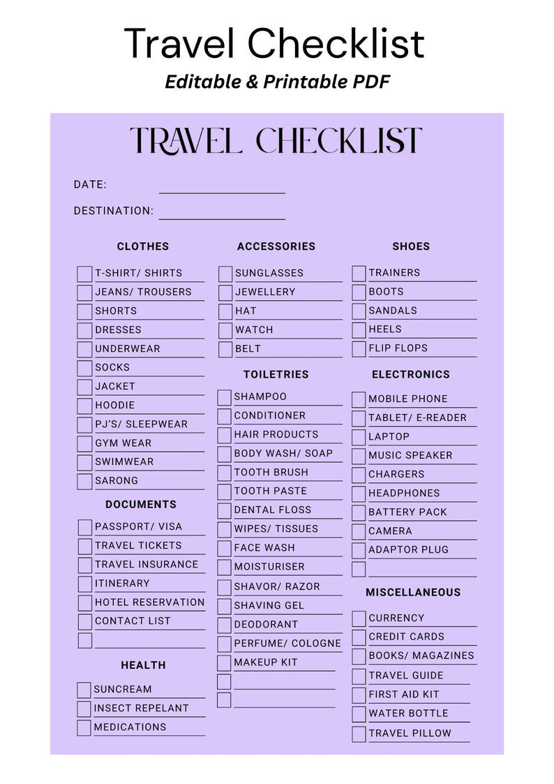Printable Travel Packing List & Vacation Checklist | Editable Travel ...