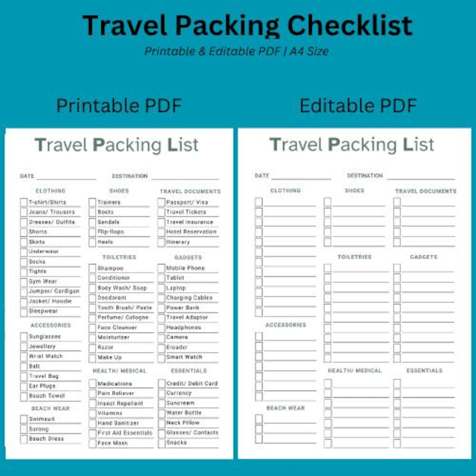 Printable Travel Packing List & Editable Vacation Checklist | Travel ...