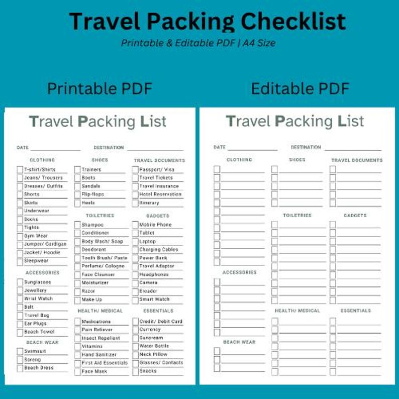 Printable Travel Packing List & Editable Vacation Checklist | Travel ...