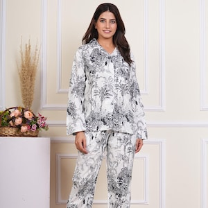 THB Ensemble de pyjama en coton pour femme, chemise à manches longues et pyjama, ensemble de pyjama doux imprimé pour femme (avec sacoche)