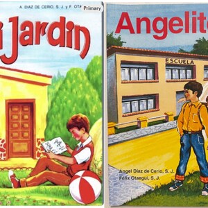 May include: Two vintage children's books. The first, "Mi Jardin," shows a boy reading in a garden. The second, "Angelito," depicts children walking towards a school. Both covers have colourful illustrations and text, typical of children's literature.