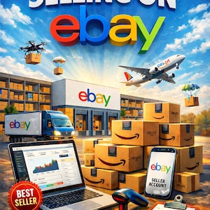 May include: A vibrant illustration promoting online selling on eBay. The image features a laptop displaying graphs, stacks of boxes, a smartphone, and a barcode scanner. Text includes "THE ULTIMATE GUIDE TO SELLING ON eBay" and "LEARN HOW TO START & GROW YOUR ONLINE BUSINESS."