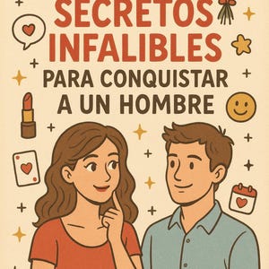 May include: Illustration with the text "10 Secretos Infalibles Para Conquistar A Un Hombre" in red. The image features a couple, hearts, a bouquet of roses, and other romantic symbols. The background is beige.
