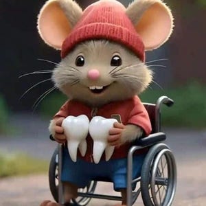 May include: A cartoon mouse wearing a red beanie and jacket, blue shorts, and sitting in a wheelchair. The mouse is holding two large white teeth and smiling. The image has a soft, blurred background.