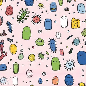 May include: A light pink background featuring a repeating pattern of various colorful, cartoon-style microorganisms. The illustrations include diverse shapes like round, rod-like, and spiky microbes in shades of blue, green, yellow, and orange.