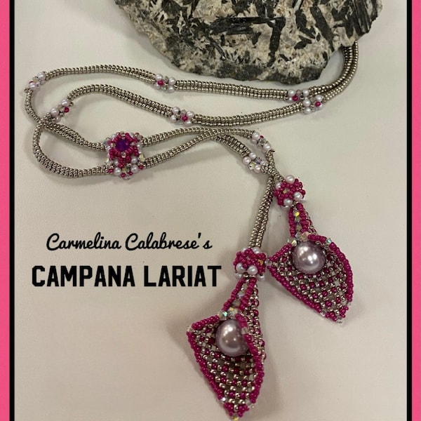 Campana Lariat PDF tutorial, beadweaving, chatons, bicones and pearls