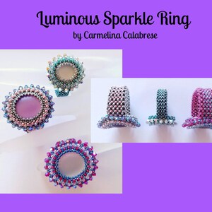May include: Image of handmade rings with sparkling beads in various colors, including pink, blue, and teal. The rings are displayed on a white background. Text at the top reads "Luminous Sparkle Ring" by Carmelina Calabrese.