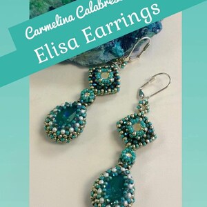 May include: A pair of drop earrings featuring teal teardrop-shaped stones surrounded by small metallic gold, white, and teal beads. The earrings have a square-shaped top section with a central stone and silver-toned lever-back closures.