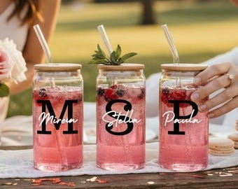 JGA Team Braut Personalisierte Glas mit Deckel und Strohhalm Name Cup Geschenk Namen Glas Tasse personalisierte Trinkbecher Eiskaffee Becher