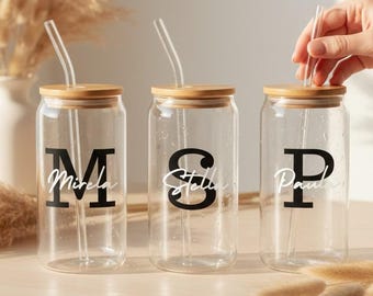 JGA Team Braut Personalisierte Glas mit Deckel und Strohhalm Name Cup Geschenk Namen Glas Tasse personalisierte Trinkbecher Eiskaffee Becher