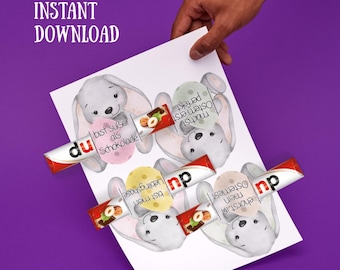 Ostern Duplo Schokoladenhalter Vorlage, Aquarell-Hasen Designs mit Süßen Botschaften, PDF zum Drucken und Ausschneiden