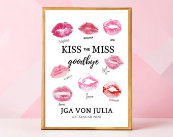 PDF JGA Kiss the Miss Poster, Junggesellinnenabschied Spiel, Lippen Gästeposter, Bridal Shower Druck, Canva Vorlage editierbar
