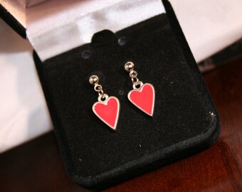 Silver post earrings with dangle pink heart