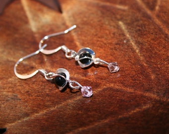 Silver Earrings with Wrapped Black and Pink Crystal