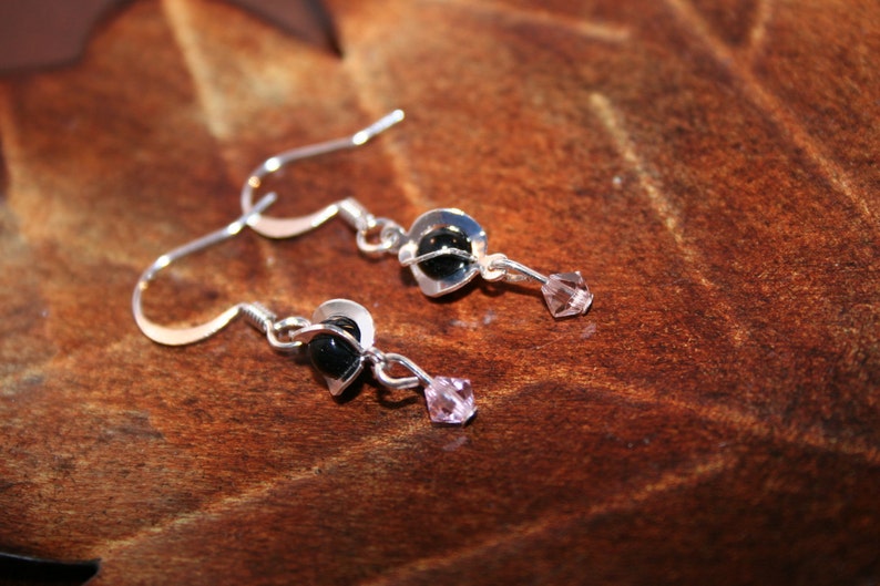Silver Earrings with Wrapped Black and Pink Crystal image 1