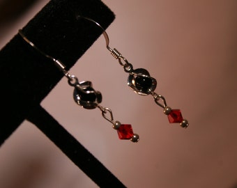 Silver Earrings with Wrapped Black and Red Crystal