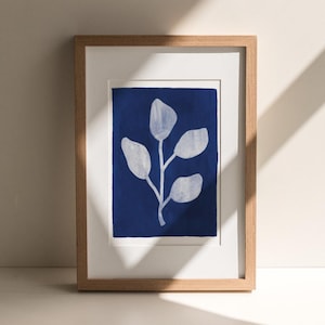 Navy Blue Botanical Print: Minimalist Leaf Silhouette Art