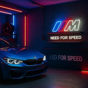 May include: A blue BMW sports car is parked in a garage with neon lights. The wall features a neon sign with the BMW logo and the text "NEED FOR SPEED". A spare tire is visible on a shelf.