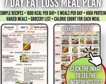 Weight Loss Meal Plan for Women - 7 Day High Protein 1600 kcal | Balanced, Clickable Digital Diet Plan with Grocery list & Healthy Recipes