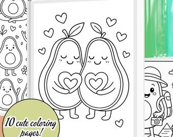 Avocado Coloring Pages Set of 10, Digital Coloring for iPad or Print, Printable Coloring Pages Set, Coloring Book for Kids & Adults