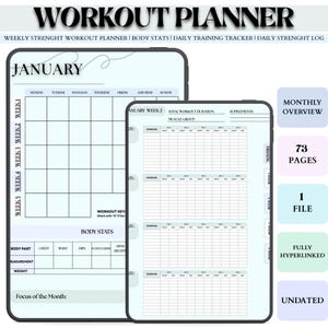 May include: Digital workout planner displayed on two tablets. The planner includes sections for weekly strength training, body stats, and daily tracking. Features include a monthly overview, 73 pages, 1 file, fully hyperlinked, and undated.