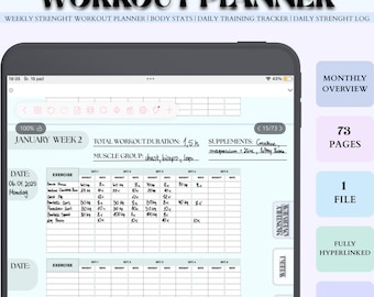 Planificador de entrenamiento interactivo minimalista, diario digital de fitness de 73 páginas, planificador de gimnasio sin fecha y con hipervínculos, seguimiento del progreso y estadísticas corporales.
