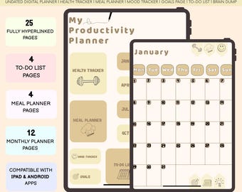 Digital Monthly Planner Undated, Digital Daily Weekly Monthly Journal, Ipad & Android Interactive Planner, Meal Planner, Minimalist Calendar