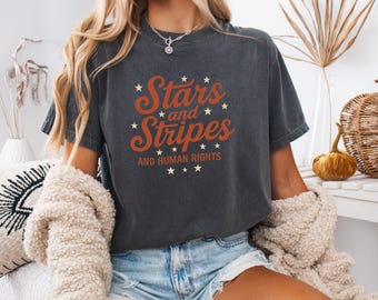 Maglietta con stelle e strisce e diritti umani, maglietta con la protesta del 4 luglio, maglietta con grafica a stelle e strisce, maglietta anti-Trump, rossa, bianca e blu