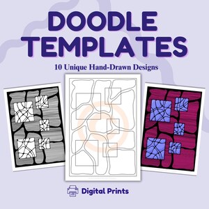 May include: Three rectangular digital print templates labeled DOODLE TEMPLATES 10 Unique Hand-Drawn Designs. The left shows black and white line art, the center is a blank outline, and the right features purple and black colored patterns.