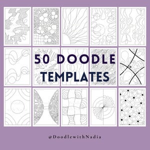 Op de afbeelding: Een verzameling van 15 zwart-wit doodle sjablonen met diverse abstracte ontwerpen. De tekst "50 DOODLE TEMPLATES" is prominent aanwezig. Onderaan de afbeelding staat de tekst "@DoodlewithNadia".