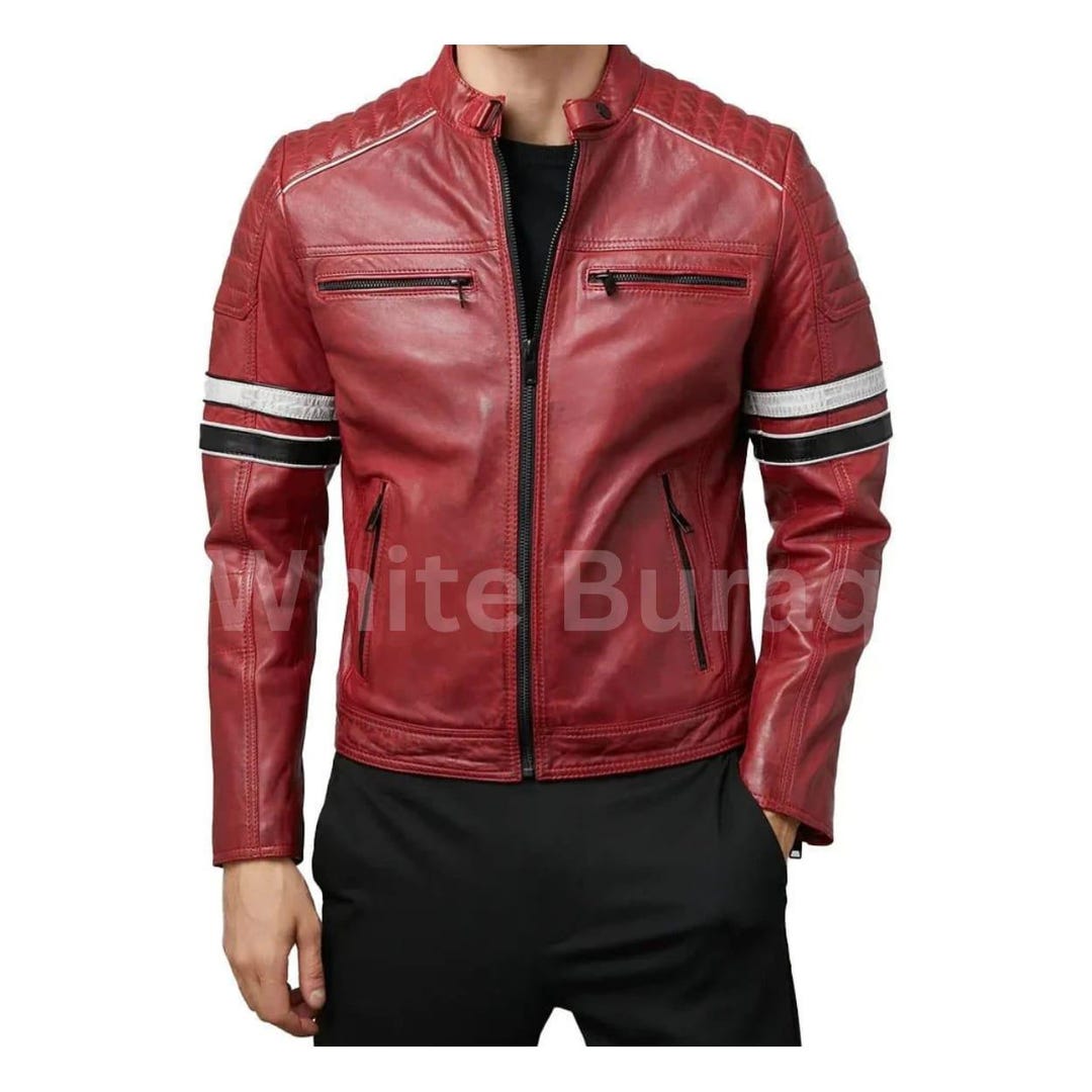 Homme Red Racing Jacket Men’s Quilted Red Leather Racing Jacket With Stripes - Etsy