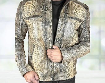 Men’s Embossed Python Cowhide Leather Jacket – Exotic Pattern Café Racer
