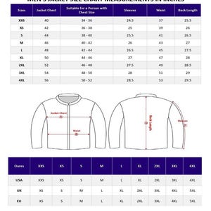 May include: A size chart for men's jackets, displaying measurements in inches. The chart includes jacket chest, sleeve, waist, and back length measurements for sizes XXS to 4XL. Diagrams illustrate jacket measurement points. Also includes size conversions for USA, UK, and EU.