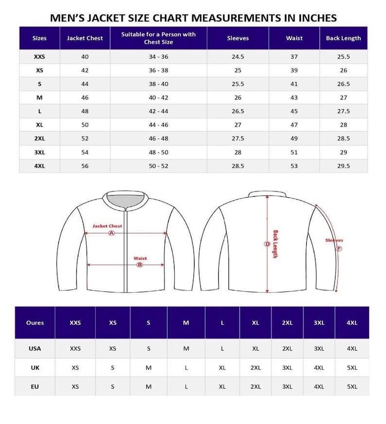 May include: A size chart for men's jackets, displaying measurements in inches. The chart includes jacket chest, sleeve, waist, and back length measurements for sizes XXS to 4XL. Diagrams illustrate jacket measurement points. Also includes size conversions for USA, UK, and EU.