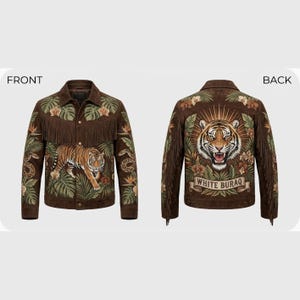 Custom Jungle Tiger Embroidered Suede Jacket | Brown Fringe Western Trucker with Tiger Snake Tropical Embroidery | Made to Measure