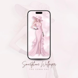 May include: A smartphone displaying a digital illustration of a figure wearing a pale pink strapless gown with a high slit, a wide-brimmed hat with a floral accent, and dark gloves. The text "Smartphone Wallpaper" and "THE GOWN GAL" appear below.