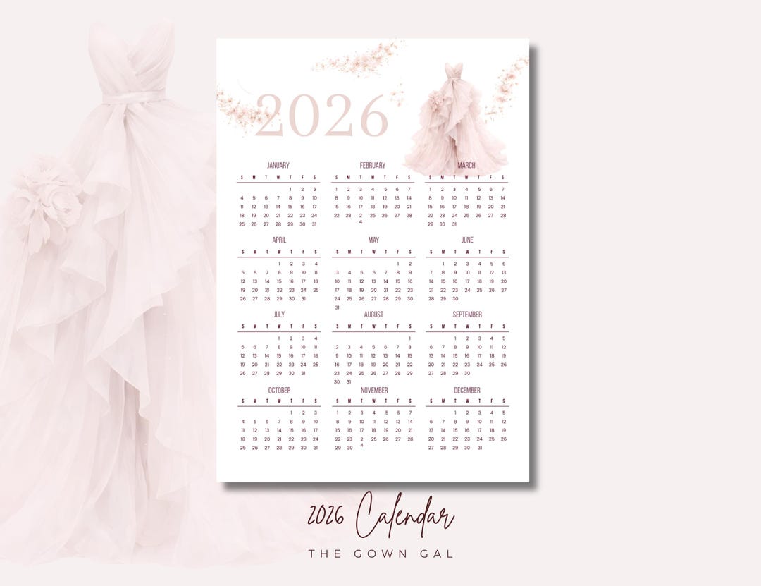 2026 Printable Year at a Glance Calendar, Elegant Pink Gown Design, A4 ...