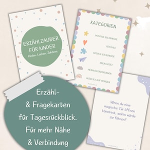 Könnte beinhalten: Mehrere Karten mit deutschem Text. Die Karten zeigen Sätze wie "Erzählzauber für Kinder" und "Erzähl- & Fragekarten für Tagesrückblick". Die Karten sollen Nähe und Verbundenheit fördern.