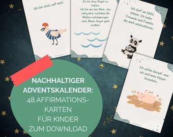 Peut inclure: Ensemble de cartes d'affirmation pour enfants, avec des illustrations d'un oiseau, de vagues, d'un panda et de cochons. Les cartes comportent du texte en allemand et font partie d'un calendrier de l'Avent durable avec 48 cartes à télécharger.