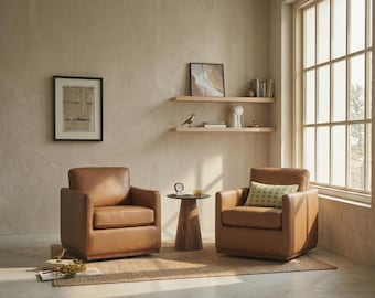 Cognac Vegan Leather Swivel Chairs | Set of 2 Living Room Armchair