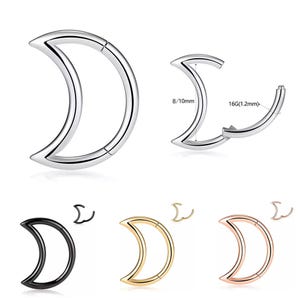 Hinged Crescent Moon Hoop Earring | Cartilage Septum Ear Daith Ladies Piercing | Black Gold Silver Huggie Clicker Nose Ring Gift