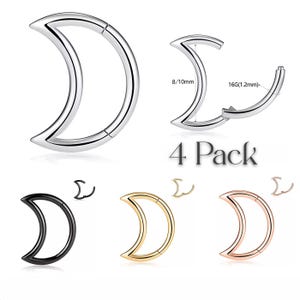 4 Pack Hinged Crescent Moon Hoop Earring | Cartilage Septum Ear Daith Ladies Piercing | Black Gold Silver Huggie Clicker Nose Ring Gift