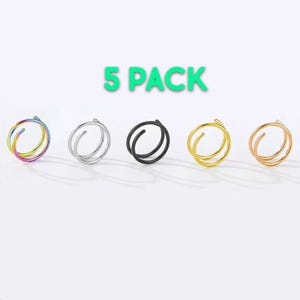 5 Pack Steel Twisted Helix Nose Ring | Double Curl Ear Ring | Ear Cartilage Tragus Helix | Black Silver Gold Jewellery | Unisex Gift