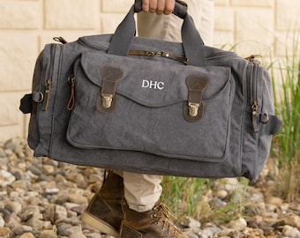 Personalized Canvas Duffle Bag with Leather Accents, Travel Gift for Men, XL Weekender Bag