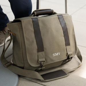 Custom Laptop Bag with Initials, Personalized Gift for Student, Cotton Canvas with Genuine Leather Accents