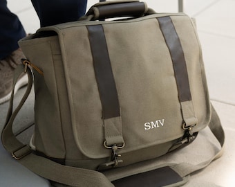 Custom Laptop Bag with Initials, Personalized Gift for Student, Cotton Canvas with Genuine Leather Accents